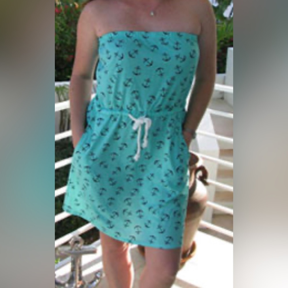 Summer breeze, strapless, mini dress or beach, nautical cover-up, teal w/pockets